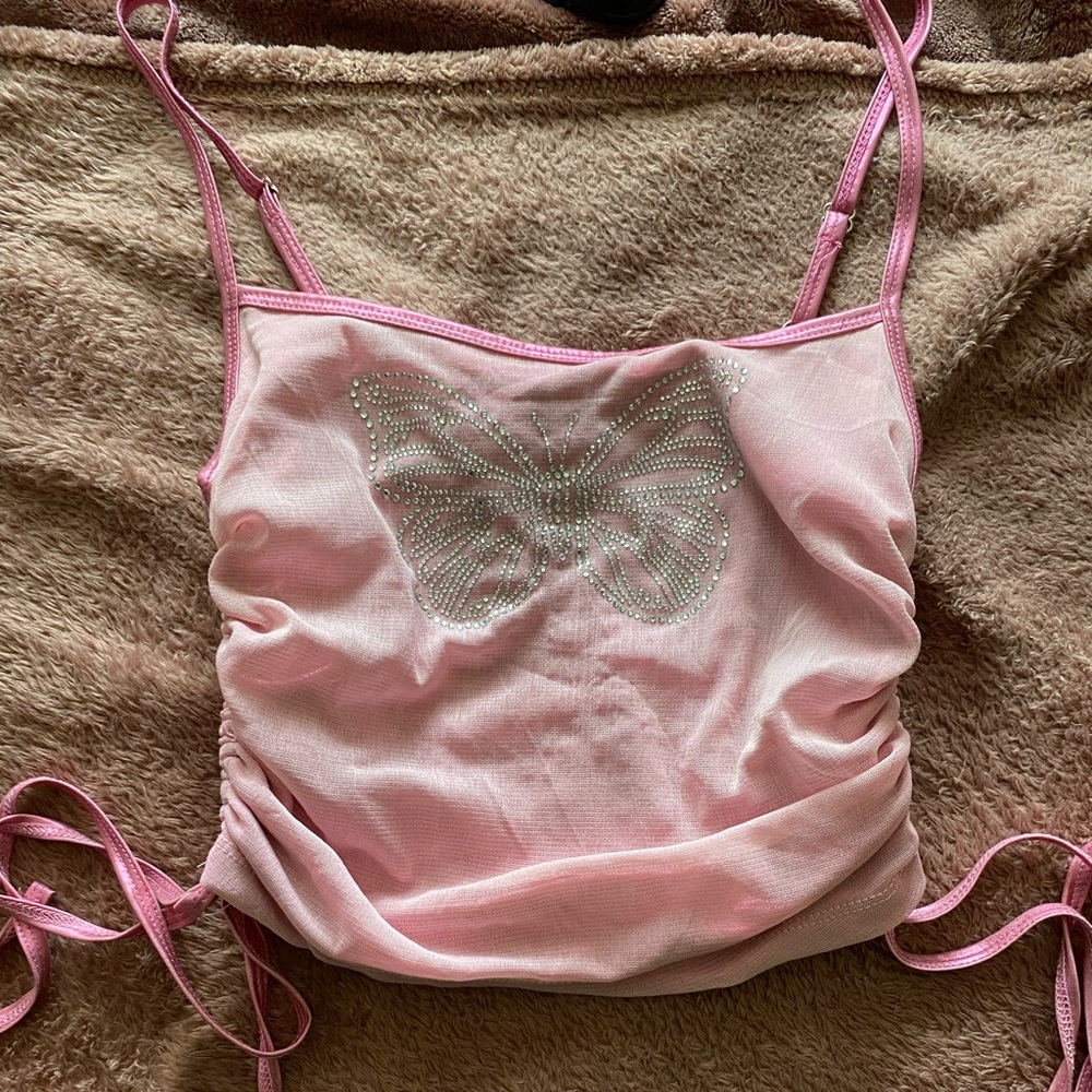 Rhinestoned butterfly tie tank